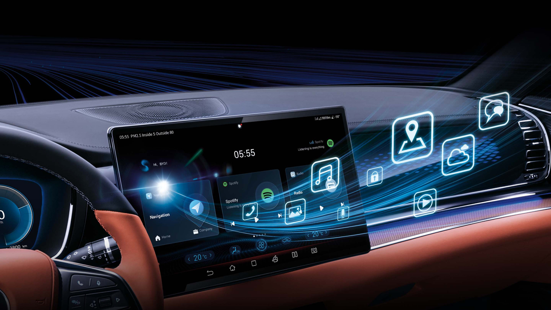 Photograph of the interior of a BYD Atto 3 infotainment screen with overlayed graphics highlighting the features