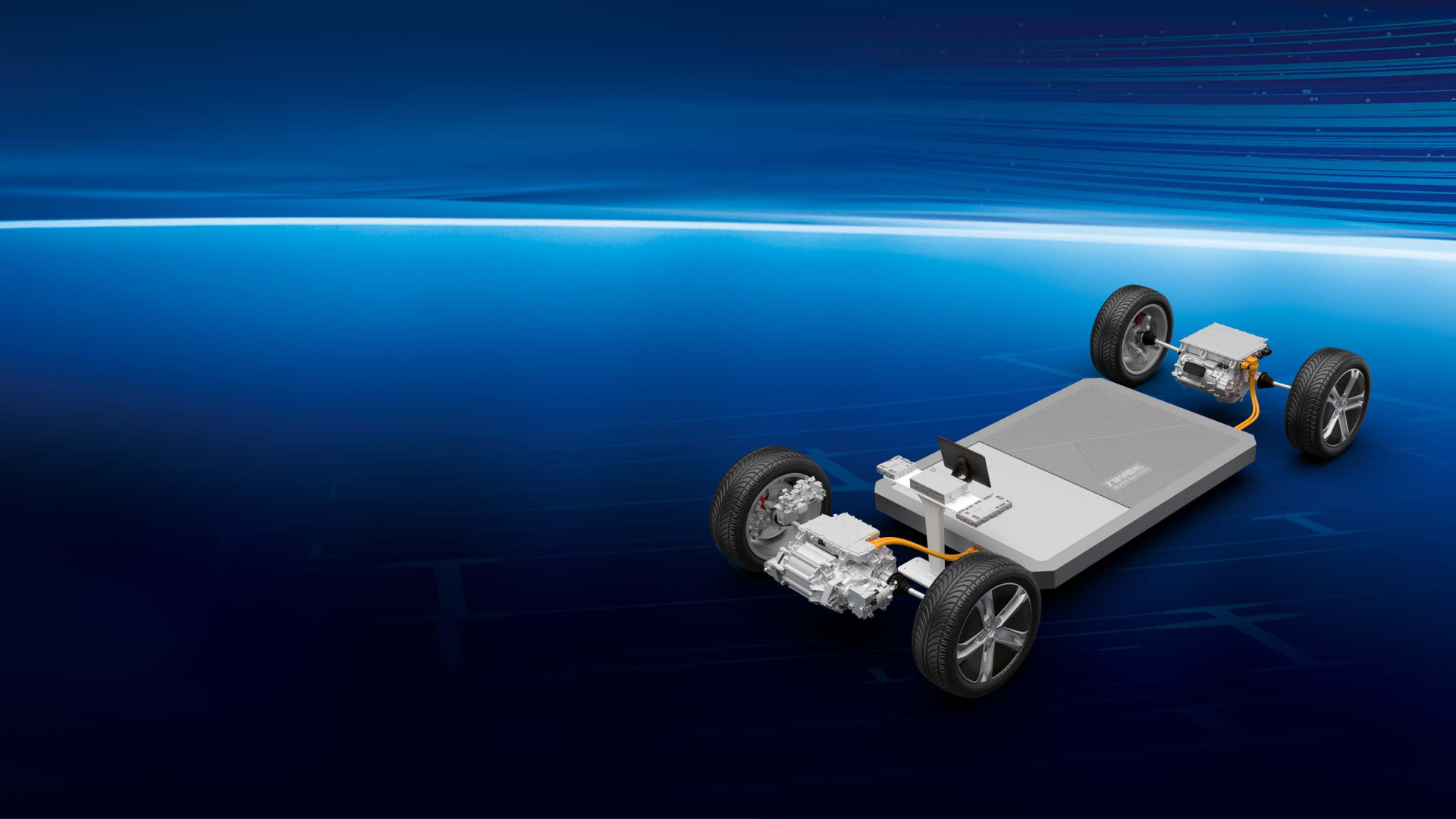 Illustration of the BYD e-Platform 3.0 on a stylised blue background with a light blue horizon strip