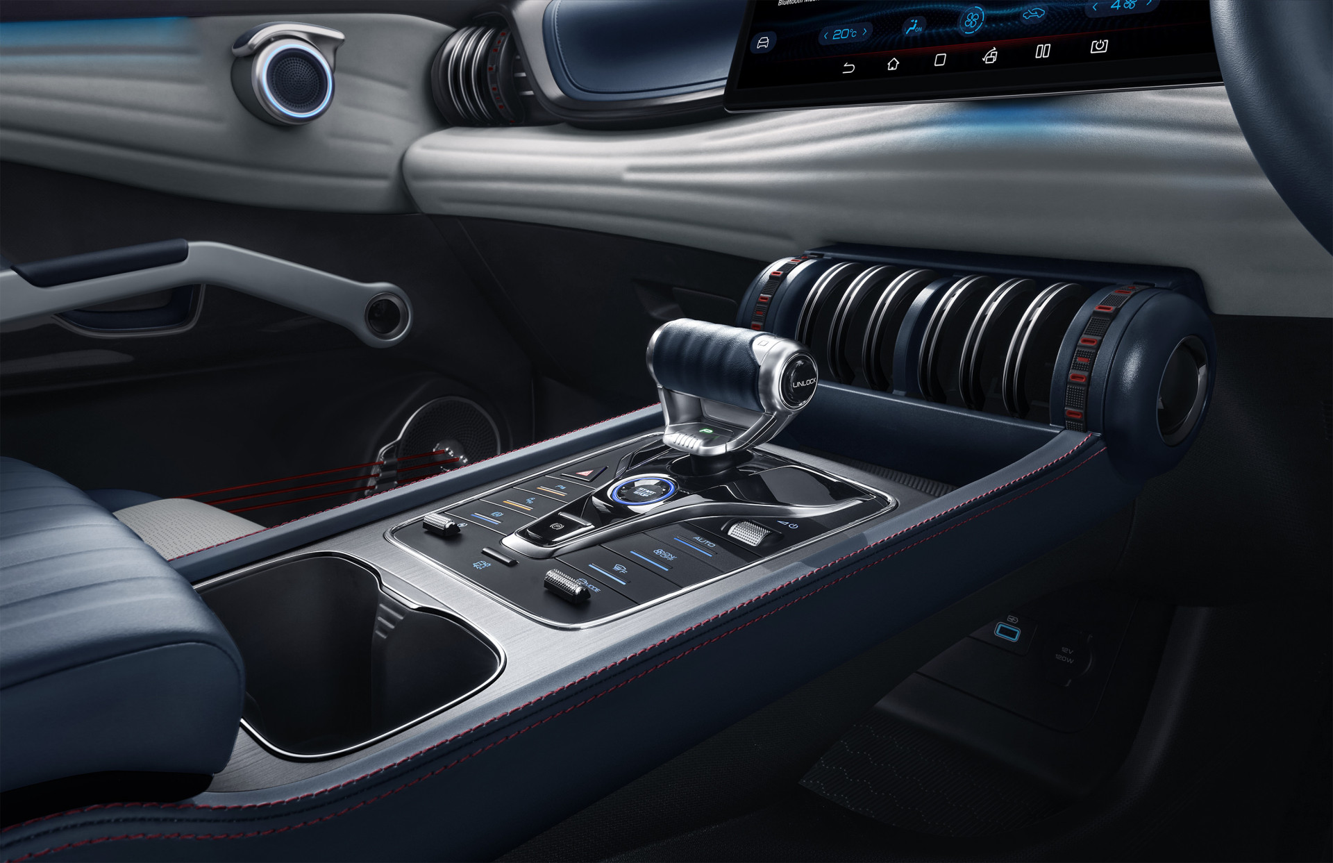 A photograph of the interior of the BYD Atto 3 showing the centre console focussing on the gear selector